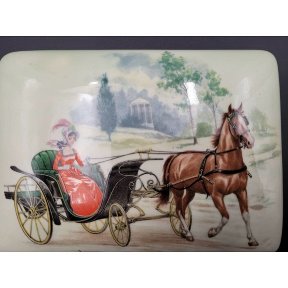 VTG Ceramic Trinket Box Dish Lidded Transfer Lady Horse Buggy Handmade - Picture 8 of 8